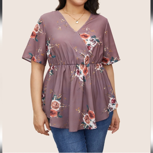 Floral Print Wrap Ruffles Asymmetrical Hem Blouse - Picture 1 of 7